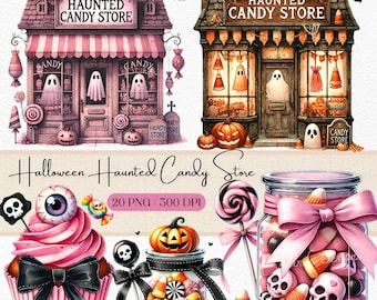 Watercolor Halloween Haunted Candy Store Clipart (20 PNG)