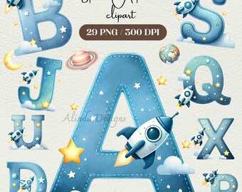 Clipart aquarelle de l'alphabet spatial, lettres de l'espace de A à Z, décoration pour enfants, ressources pour la classe, invitations, travaux manuels, ensemble de l'alphabet fusée PNG