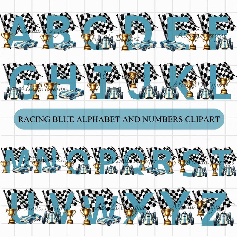Racing Car Alphabet Clipart: Blue Letters & Numbers PNG (digital ...