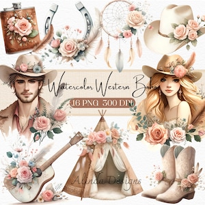 Boho Blumen Cowgirl Cowboy ClipArt, Aquarell Western Boho, Western Style Blumendekor, rustikale Country Clip Art für Einladungen, Kunsthandwerk