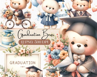 Watercolor Graduation Bear Clipart, Teddy Bear PNG (Digital Download)