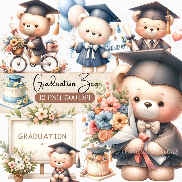 Watercolor Graduation Bear Clipart, Cute Graduate Bear PNG, Invitations, Decorations, Scrapbooking, Preschool Graduation, Teddy Bear png