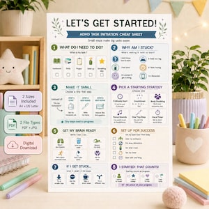 以下が含まれることがあります： タイトル「LET'S GET STARTED!」が記載された白いADHDタスク開始チートシート。8つの番号付きセクションにはアイコンとテキストがあり、タスクを小さなステップに分解するのに役立ちます。チェックボックスや集中力と生産性を高めるための戦略が含まれています。