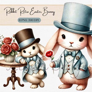 Clipart de coelho de Páscoa vintage, PNGs de coelho retrô em terno e chapéu, cartões de felicitações, convites para chá de bebê, diário de lixo, arte de parede de berçário