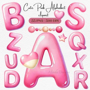 Clipart de alfabeto rosa fofo, letras rosa pastel, fonte kawaii, decoração de festa, convites de aniversário, marca feminina, clipart de marco de bebê