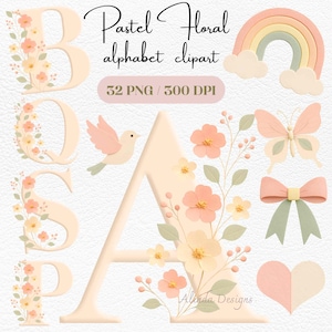 Alfabeto floral pastel, letras primaverales suaves PNG, decoración para baby shower y guardería, papelería para bodas, letras de jardín, alfabeto primaveral