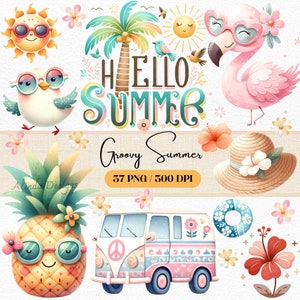 Paquete de imágenes prediseñadas de verano Groovy, Descarga digital Retro Summer Vibes, Clip Art estilo vintage de los años 70, Gráficos de verano Boho, Playa, gráficos de verano