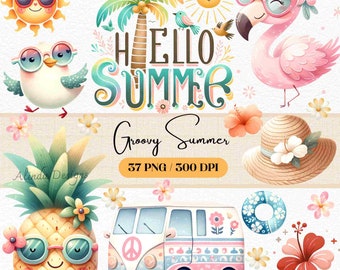 Retro Summer Clipart Bundle: 70s Boho Graphics (Digital Download)