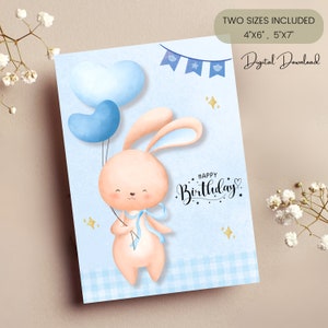 Rabbit birthday card, kids birthday card, daughter birthday card, Bday card print at home, Two Sizes, Celebrating You, Download, cute card