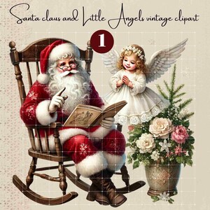 Vintage Santa Claus and Little Angels Clipart, Retro Christmas Download, Holiday Scrapbooking, Card Making, clipart for Junk Journal Pages