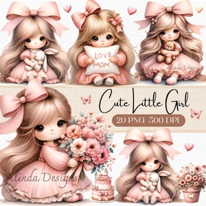 Clipart de menina encantadora em vestido rosa, download digital, ilustração de criança fofa para convites, scrapbooking, menina vintage png, clipart