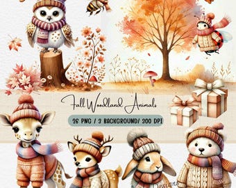Fall Woodland Animals Clipart: Watercolor Autumn PNG (Digital Download)