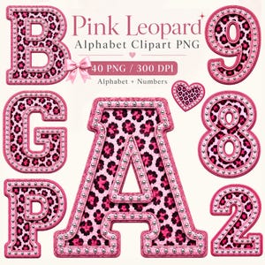 May include: A digital graphic set featuring the text Pink Leopard Alphabet Clipart PNG 40 PNG 300 DPI Alphabet + Numbers. The image displays letters and numbers with a pink leopard print pattern, outlined in pink with silver stud accents.