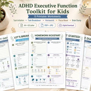 ADHD Executive Function Toolkit for Kids, 5 Printable Task Initiation & Focus Worksheets