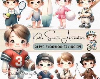 Kids Sports Activities Clipart Bundle, Fun Athletic Illustration, Sports Icons for Kid Crafts and Projects, Cute little children doing sport