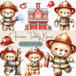 Teddybär Feuerwehrmann Clipart, süße Feuerwehrmann digitale Kunst, druckbare PNG, Kinder Party Dekor, Bastelbedarf, Scrapbook Bilder digital, PNG