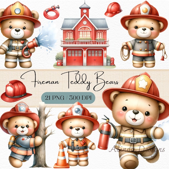 Firefighter Teddy Bear Clipart, Kids Party Decor (PNG)