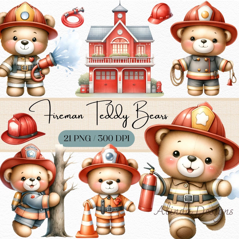 May include: Set of 21 digital illustrations of cute teddy bears dressed as firefighters. The bears are wearing red helmets, yellow jackets, and blue pants. The illustrations are perfect for creating cards, invitations, or other crafts.