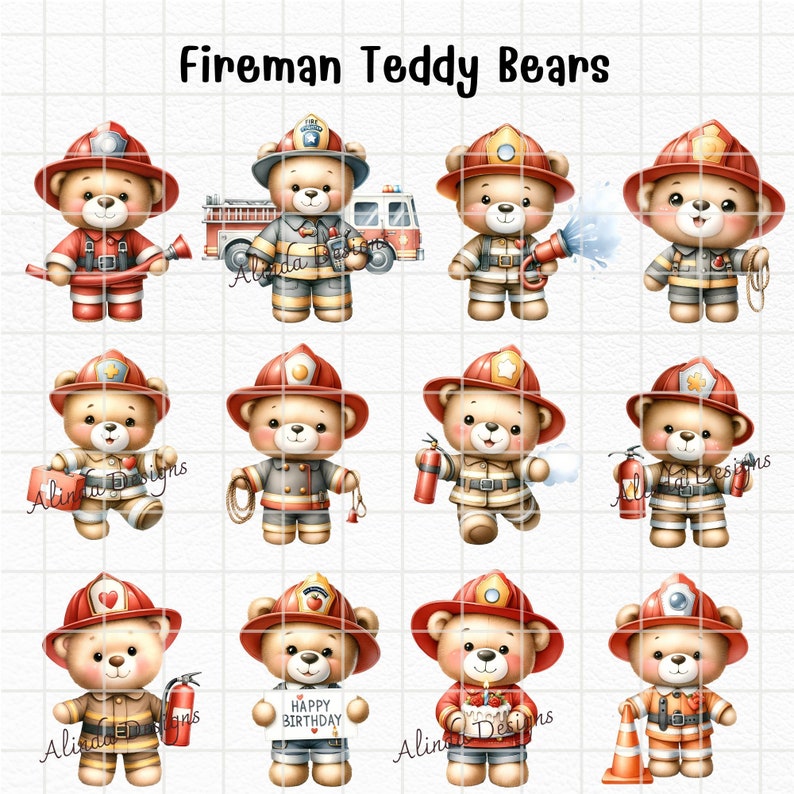 May include: Twelve digital illustrations of teddy bears dressed as firefighters. The bears are wearing red helmets, red jackets, and blue pants. Some bears are holding fire hoses, axes, and other firefighting equipment. One bear is holding a sign that says "Happy Birthday".