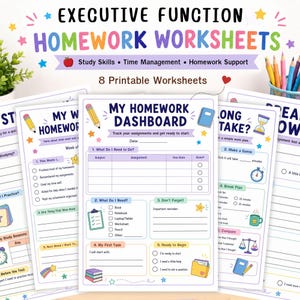 May include: A set of 8 printable homework worksheets titled Executive Function Homework Worksheets. The pages feature colorful graphics, including pencils, stars, and clocks, with sections for tracking assignments, time management, and study skills.