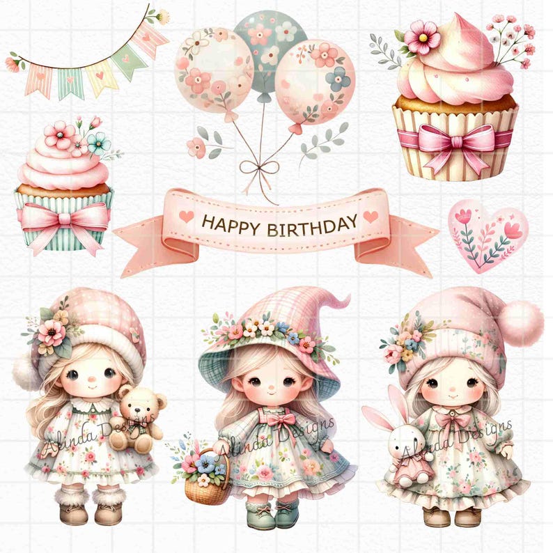 Cute Flower Girls Birthday Clipart, Adorable Kids Party Graphics, Instant Download, Nursery Decor, Scrapbooking, DIY Invitations, Printable