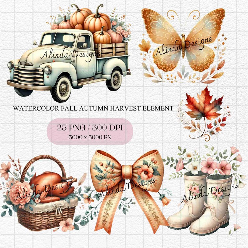 Watercolor Fall Harvest Clipart, Thanksgiving Clipart, Autumn Leaves, Pumpkins and Harvest Elements, DIY Projects, Junk Journal Thanksgiving