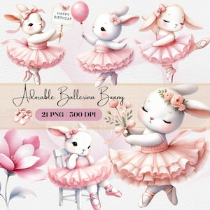 Entzückende Ballerina Bunny Clipart, niedliche Ballett Kaninchen Illustration, digitaler Download für Kinder Kunst, Scrapbooking und Kunsthandwerk, Kinderzimmer PNG