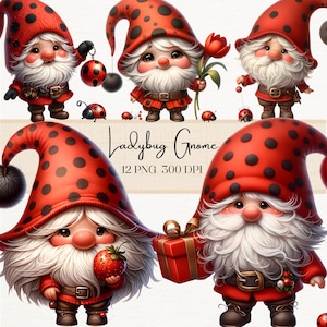 Lindo gnomo con mariquita, arte digital de gnomos y mariquitas de jardín en acuarela, decoración imprimible para guardería, suministros para álbumes de recortes, mariquita digital