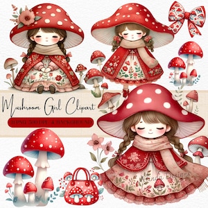 May include: A digital illustration featuring mushroom-themed girls in red and white outfits and mushroom caps. The image includes a bow, mushrooms, and a handbag. Text reads "Mushroom Girl Clipart".