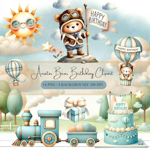 Clipart de cumpleaños de oso aviador, conjunto PNG de aventura en globo aerostático para fiestas infantiles, álbumes de recortes y diarios, proyectos de sublimación