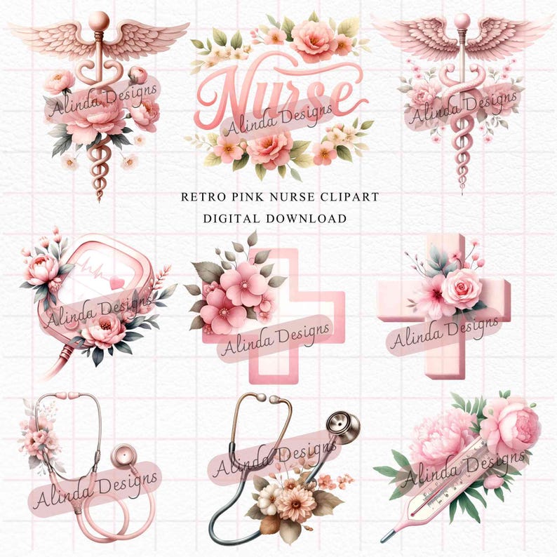 Retro Pink Nurse Clipart, Floral Nurse Clipart PNG, Pink Medical Nurse Bundle, Stethoscope, Nurse Cap, Medical Cross, Healthcare Digital Download, Nurse appreciation gifts, T-shirts & sublimation designs, Stickers & scrapbooking