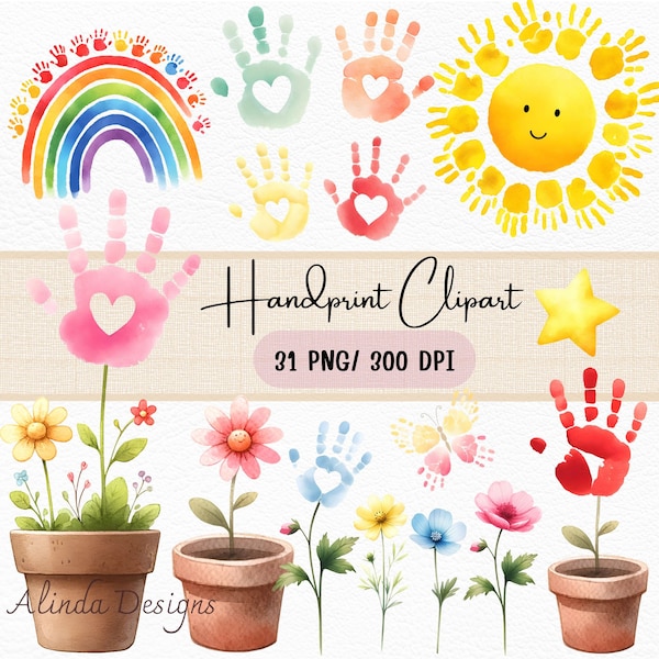 Clipart con impronta di mano ad acquerello: abbellimenti fai da te per scrapbooking (PNG)