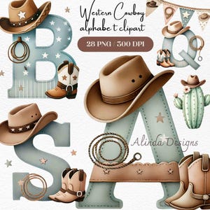 Clipart alphabet cowboy western, lettres de A à Z rustiques, faire-parts, décoration pour enfants, clipart Far West pour décoration de fête, scrapbooking, travaux manuels