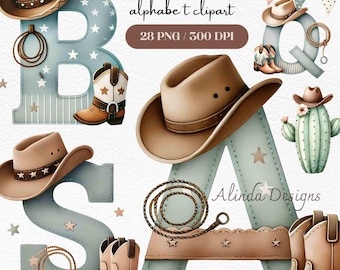 Clipart alphabet cowboy western, lettres de A à Z rustiques, faire-parts, décoration pour enfants, clipart Far West pour décoration de fête, scrapbooking, travaux manuels