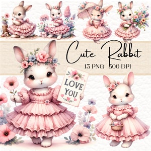 Coelhos Clipart, Conjunto de clipart de primavera, Clipart de Páscoa retrô, Clipart de coelho fofo, Clipart de coelho aquarela, Impressão floral de aquarela de coelho, PNG