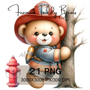 May include: A cute teddy bear dressed as a firefighter, wearing a red hat with a star and the word "FIREFIGHTER" on it, holding a fire hose and standing next to a red fire hydrant. The bear is smiling and has a red heart on its chest. The text "Fireman Teddy Bears" is written in cursive above the bear. The text "21 PNG 3000X3000 PX/300 DPI" is written below the bear.