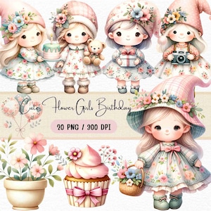 Cute Flower Girls Birthday Clipart, Adorable Kids Party Graphics, Instant Download, Nursery Decor, Scrapbooking, DIY Invitations, Printable