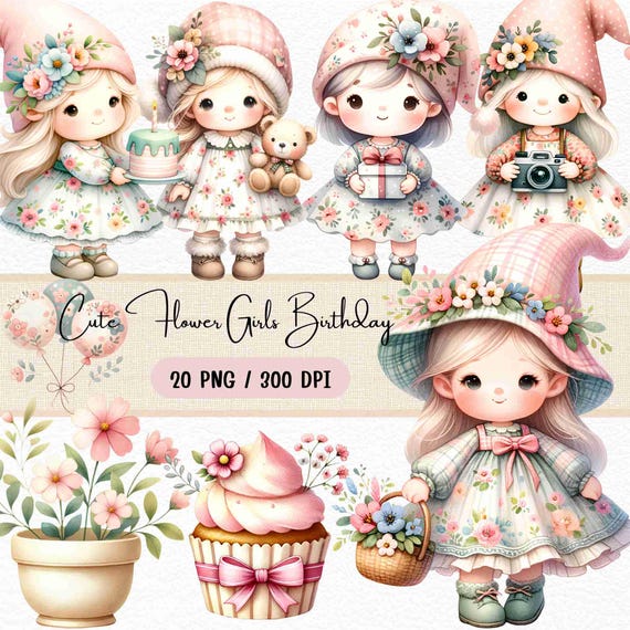 Flower Girls Birthday Clipart, Nursery Decor, DIY Invitations (Digital Download)