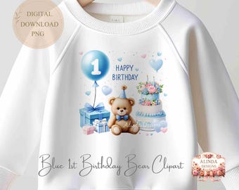 Blue 1st Birthday Teddy Bear Clipart: Baby Boy Design PNG