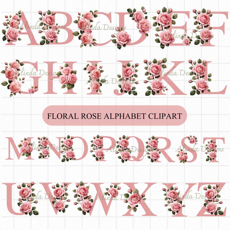 Floral Rose Alphabet Clipart: Watercolor Pink Letters (PNG, PDF) - Etsy