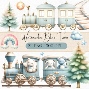 Aquarel blauwe trein clipart, digitale download, vintage locomotief illustratie, DIY-uitnodigingen, ambachten, png-bestanden met hoge resolutie, trein