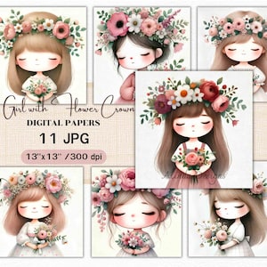 Flower Crown Girl Digital Paper Clipart, Retratos em aquarela caprichosos, 11 JPG para convites, Scrapbooking, Decoração feminina, Papel digital