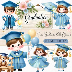 Cute Graduate Kids Clipart, Blue & Gold, Graduation PNG (Digital Download)