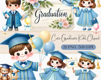 Lindos niños graduados, clipart azul y dorado, graduación PNG (descarga digital)