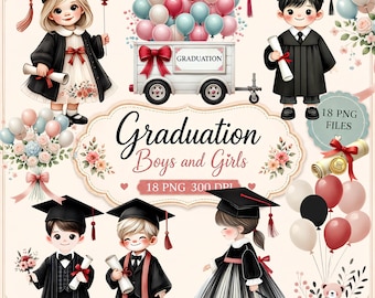 Imágenes prediseñadas de graduación: ilustraciones de niños y niñas, archivos PNG de la promoción de 2025
