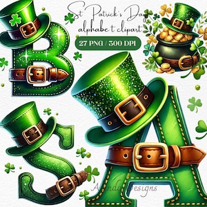 Clipart do alfabeto do dia de São Patrício, letras brilhantes verdes com chapéus de duende, moedas de ouro e trevos, 27 PNGs para artesanato DIY, decoração png