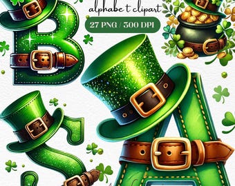 St. Patrick's Day Alphabet Clipart: Green Glitter Letters (27 PNGs)