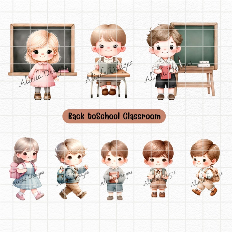 May include: Illustration of eight children in a classroom setting. The children are wearing different outfits and carrying school supplies. The image includes a chalkboard, a desk, and a backpack.