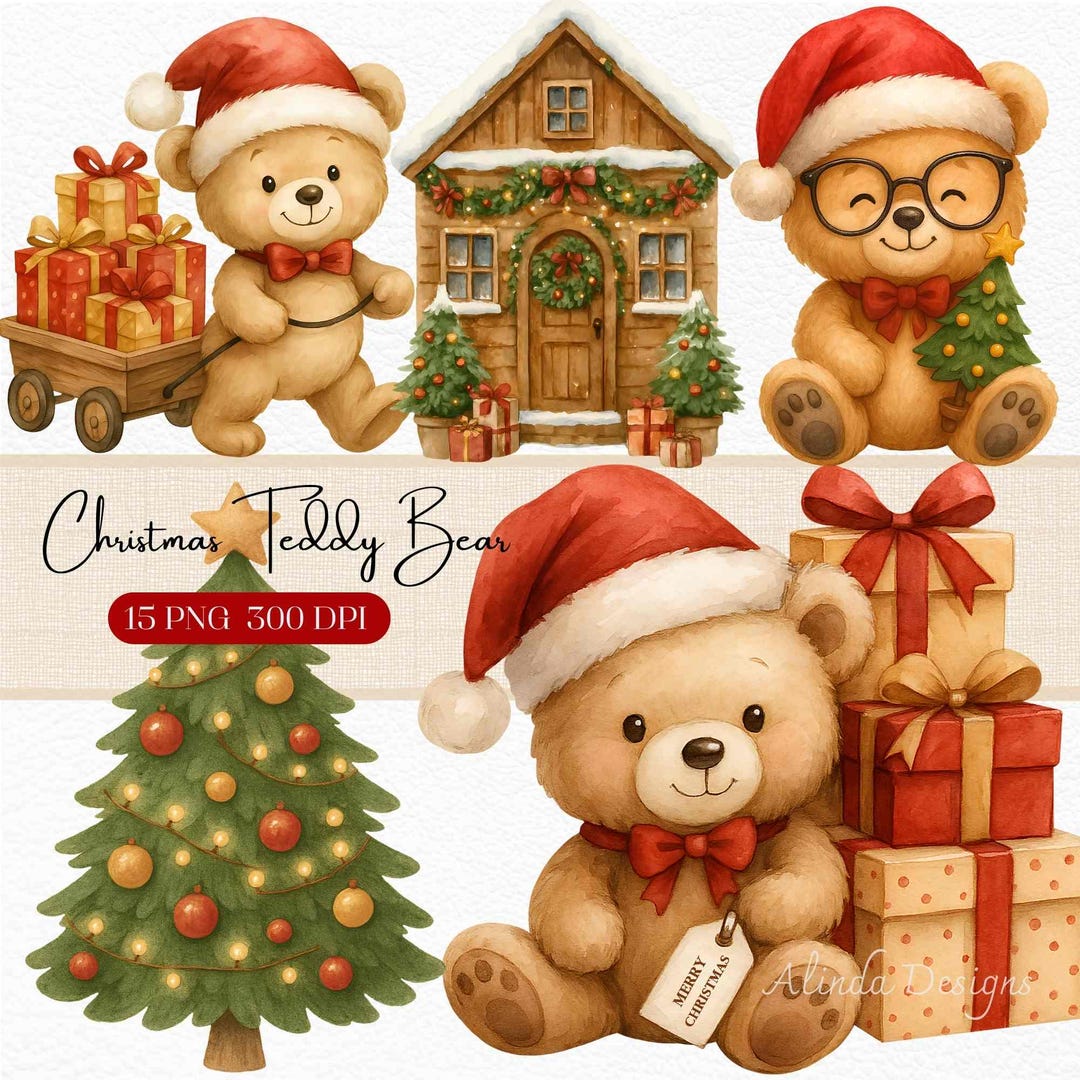 Clipart di orsacchiotto di Natale: set PNG per le vacanze da