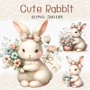 Hasen Clipart, Kinderzimmer Frühling Clipart, Kinder, Kirschblüte Clipart, Ostern Clipart, Frühling Bunnies Clipart, Hase mit Blumen, PNG